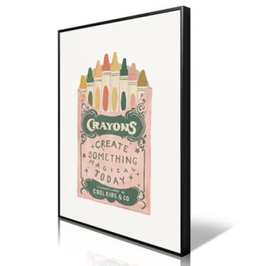 Imagem de Nanxiwofee Arte de parede em tela para berçário de bebê, pôster de giz de cera verde rosa pastel, citação positiva Crie algo mágico hoje, decoração de parede de quarto infantil inspiradora colorida