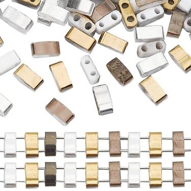 Imagem de CREATCABIN 450 peças 2 furos meia tila contas 3 cores contas de vidro quadrado retângulo mini opaco com recipiente de plástico para artesanato pulseira colar brinco fabricação de joias (prata dourado marrom) 5 x 2 mm