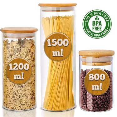 Imagem de 3 Potes De Vidro Herméticos Premium 800-1200-1500ml Para Mantimentos Tampa De Bambu