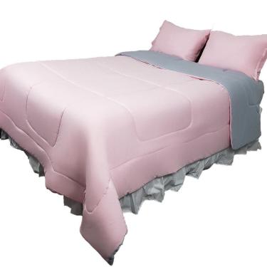 Imagem de Kit 03 Peças Edredom Casal King 100% Algodão Rosa com Cinza