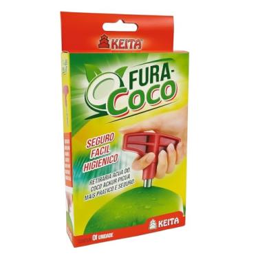 Imagem de Fura Coco Profissional, Abridor de Coco Verde em Inox Resistente 14cm com Cabo Plástico Vermelho Ergonômico