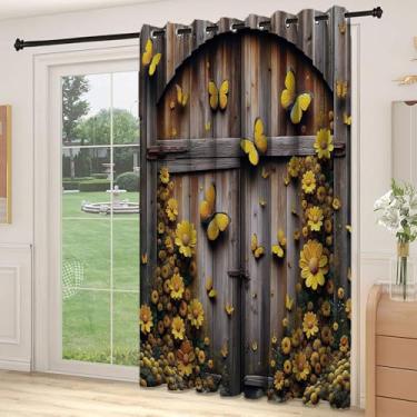 Imagem de Divisória de parede de cortina de divisória rústica, celeiro de madeira com borboletas e flores em tom amarelo romance de fazenda, cortinas largas isoladas/cortinas de quarto (painel único), L 250 x C
