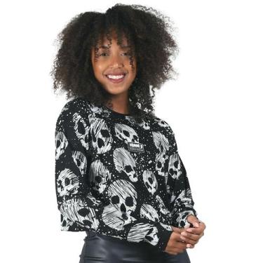 Imagem de Blusa cropped manga longa dedo estampado caveiras - Deliriyou, Preto, 