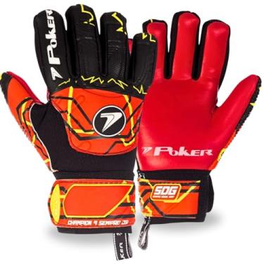 Imagem de Luva De Goleiro Poker Champion 9 Semi Profissional Multiterreno Flat Macia Confortável Grip Látex Reforçada Punho Ajustável Elástico (Preta-Vermelha, 10)