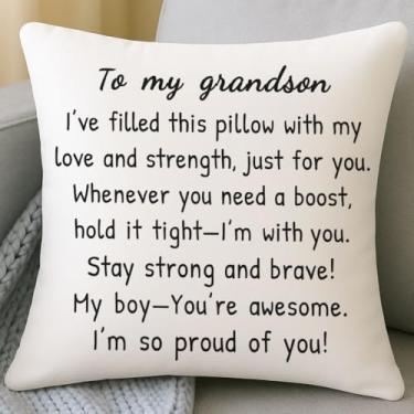 Imagem de HERHOME Capa de almofada branca to My Grandson, 45,7 x 45,7 cm, presentes de aniversário de Natal para netos e meninos da avó, capa de almofada, ideias inspiradoras para presentes