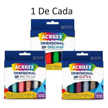 Imagem de Kit 3 Tinta Dimensional Relevo 3D 6 Cores - Acrilex 1 De Cada + Nota F