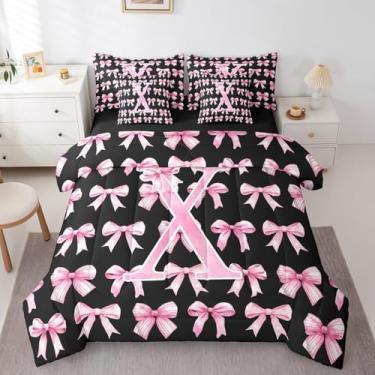 Imagem de Erosebridal Conjunto de cama com laço para meninas adolescentes, tamanho casal, fantasia, rosa e preto, conjunto de colcha com laço e monograma x 7 peças, moderno, feminino, conjunto de edredom com