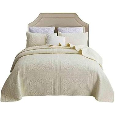 Imagem de Colcha Acolchoada De Algodão Super King Size Creme Branco 3 Peças Quadradas Bordado De Flores Edredom Impresso Colcha Reversível Conjuntos De Lance De Cama Com 2 Fronhas, Beige, 230 * 250cm