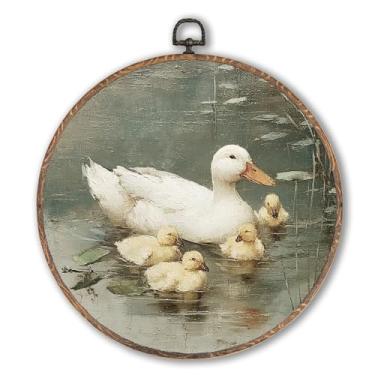 Imagem de Hxlac Decoração de parede redonda de pato vintage, arte de parede redonda bege neutro, estampa de patos de animais de fazenda para pendurar esculturas de parede para casa de fazenda, casa, sala de