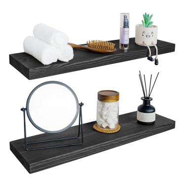 Imagem de BGMG Prateleiras flutuantes de madeira para parede 76 cm, conjunto de 2, prateleiras flutuantes pretas, prateleiras de parede de madeira maciça para banheiro, sala de estar, quarto, cozinha, fazenda