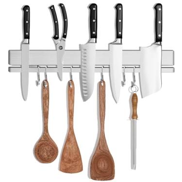 Imagem de HomeSimplex Suporte magnético de faca de 43 cm para parede, fita magnética adesiva sem perfuração com 12 ganchos, tira magnética potente para facas, suporte magnético para ferramentas e facas de