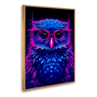 Imagem de Quadro Decorativo Coruja Neon Com Óculos Arte Digital Moderna Estilo Futurista Noturna Azul Roxo Criativa Com Moldura