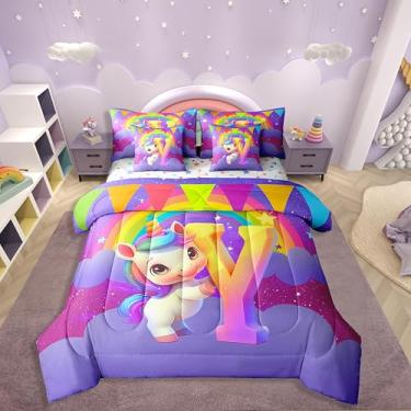 Imagem de Erosebridal Jogo de cama de solteiro engraçado de unicórnio, 7 peças, com monograma, letra Y, desenho animado de unicórnio, animais mágicos, céu estrelado com edredom