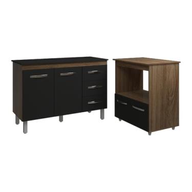 Imagem de Mobília Decor, Balcão Armário Gabinete Bruna 118 cm Savana Preto com Tampo Preto e Balcão Amanda para Forno e Microondas Savana Preto