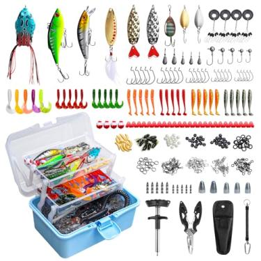 Imagem de FUNANASUN Kit de caixa de equipamento de iscas de pesca 315 peças com alicate e removedor de gancho, organizador compacto de 3 níveis, crankbaits/giros/iscas macias, equipamento multifuncional para