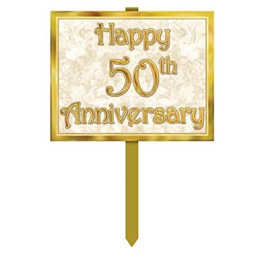 Imagem de Beistle Sinais "50th" Anniversary Yard – Pacote com 2 decorações de gramado de cartolina dupla face com impressão dourada em estacas de madeira, decoração de festa do quinquagésimo para comemorações