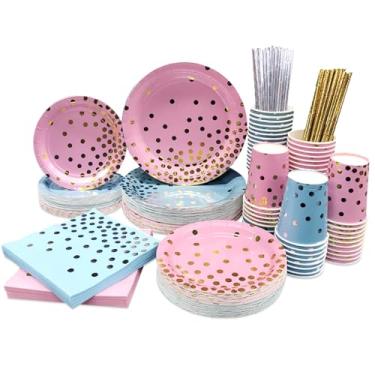Imagem de Ottin Blue and Pink Party Gender Reveal Suprimentos para 50 convidados, pratos de papel descartáveis assroted e conjunto de guardanapos inclui pratos de sobremesa/jantar, copos, guardanapos, canudos para aniversário de casamento para meninos e meninas