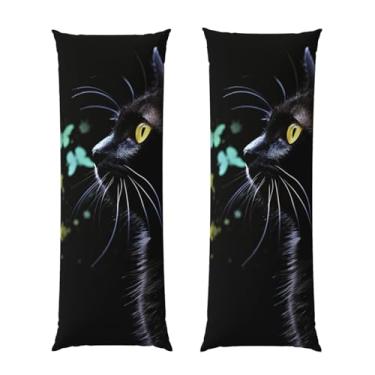 Imagem de Capa de travesseiro corporal com zíper oculto, fronha longa de microfibra macia e respirável para travesseiro de corpo, gato e borboleta em fundo preto fronhas para travesseiro de cama de presente de
