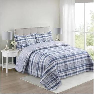 Imagem de Colcha Bouti Teka Queen com 2 Porta Travesseiros, Jogo de Cama 3 Peças (Xadrez Slim)