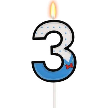 Imagem de Vela de 3º aniversário branca azul para meninas e meninos - Vela número 3, decorações de bolo de desenho animado de pato, suprimentos de festa de aniversário com tema de bolinhas