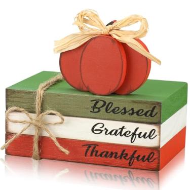 Imagem de Pilha de livros de madeira de abóbora de outono, bandeja de madeira em camadas, decoração rústica placa de bloco de abóbora falsa, mesa de livro empilhada, centro de mesa para outono, ação de graças