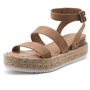 Imagem de Shoe Land Alysa sandália feminina bico aberto tira no tornozelo sapato plataforma plataforma sapato casual alpargatas com acabamento plano, plataforma cravejada, 2022tan, 10