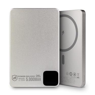 Imagem de Gshield Power Bank Slim Carregador Portátil Universal com Saída USB-C PD 20W + Carregamento Wireless Sem Fio Compatível com MagSafe até 15W, Titanium (5000mAh | 0,8CM Espessura)