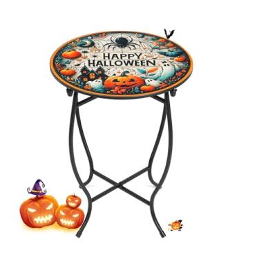 Imagem de Mesa lateral de pátio ao ar livre, mesa lateral de Halloween de metal resistente ao clima de 35,5 cm, mesa de canto redonda pequena para pátio, quintal, varanda, jardim, cabeceira, planta, suporte