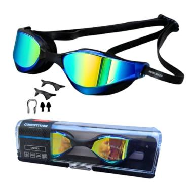 Imagem de Óculos de natação espelhado antiembaçante com proteção UV estojo, narigueira, protetor nasal e protetor de ouvido (Preto)
