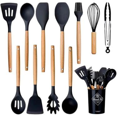 Imagem de Kit 12 Utensílios de Cozinha em Silicone com Cabo de Madeira Antirrisco Resistente ao Calor Completo com Porta-Utensílios Não Arranham Panelas com Espátula Pegador Concha Colher Pincel (Vermelho)