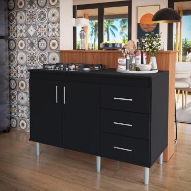 Imagem de Kit Bancada Ilha Para Cozinha + Balcão Para Cooktop 1,20m 5 Bocas 2 Portas E 3 Gavetas Turim Preto Preto