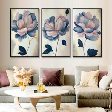 Imagem de Kit com 3 Quadros Decorativos 30x50 cm Floral Padrão com Moldura Retangular com 2cm de largura, na posição Vertical, ideal para ambiente de Sala, Quarto e Hall. Tamanho dos quadros montados na parede 50x94cm.