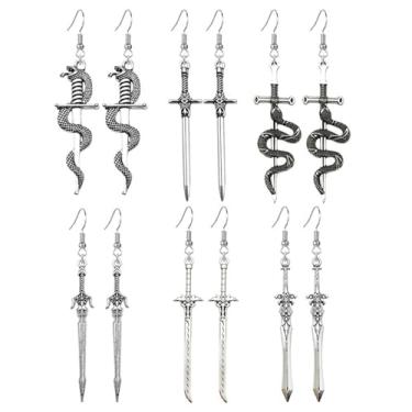 Imagem de coadipress 6 pares de brincos góticos longos de espada para mulheres, homens, exclusivos, retrô, espada, punhal, vintage, prata, estilo punk, brincos góticos, fantasias de Halloween, joias festivais