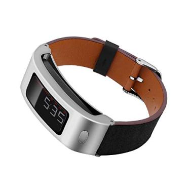 Imagem de DuiGong Pulseira de couro compatível com Garmin Vivofit 1-2 pulseira de substituição com capa protetora de aço inoxidável prata, P/M e M/G (preto)