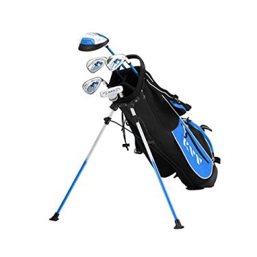 Imagem de KVV Conjunto completo de taco de golfe júnior para crianças/crianças, mão direita, conjunto de 5 peças inclui driver grande, ferros P, 7# e 9#, putter, capa de cabeça, bolsa de suporte de golfe (azul