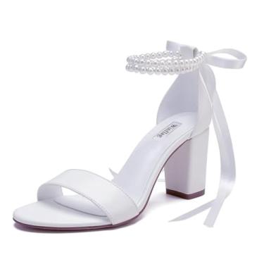 Imagem de Winflag Sapatos de casamento pérola bico aberto salto bloco sandálias de casamento salto grosso sapatos de noiva, Branco-8 cm, 36