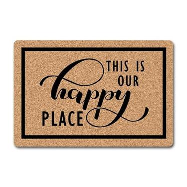 Imagem de Capacho engraçado para porta da frente - Tapete de boas-vindas antiderrapante de 60 x 40 cm com design "This is Our Happy Place" - Tapete de borracha durável para entrada interna/externa