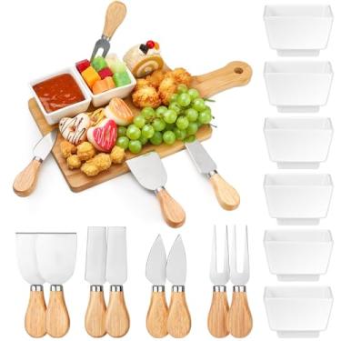 Imagem de Patelai 16 peças tábua de charcutaria quadrada de bambu, mini tábua de corte de queijo e tigela de cerâmica branca conjunto de garfos de facas de queijo inoxidável, presente para o dia das mães