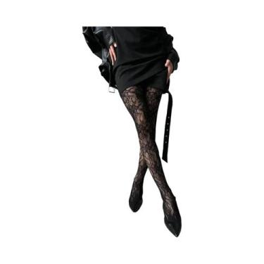 Imagem de Meia-calça De Rede Elástica Alta Cor Bordô Y2K Gótica Com Flores Vazad
