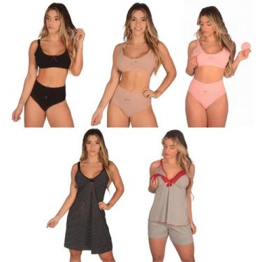 Imagem de Kit 3 Sutiã de Amamentação +3 Calcinha Cós Alto Pós Parto +1 Camisola 