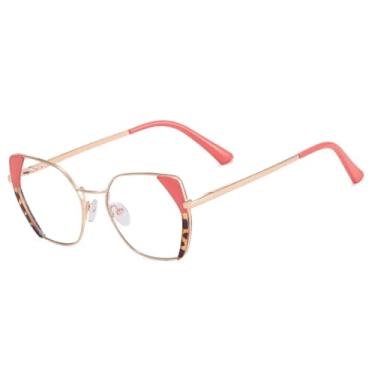 Imagem de HCHES Armação de óculos retrô polígono feminina, moderna, dupla cor, com dobradiça de mola, masculina, transparente (rosa, leopardo)