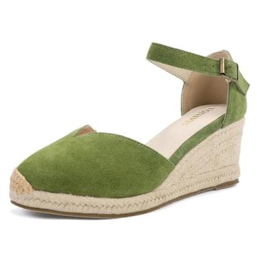 Imagem de TONIVIS Sandálias femininas plataformas, cunha de 7,6 cm, tira no tornozelo, bico cavado, salto alpargatas de verão, Couro genuíno verde - salto de 6,9 cm, 40