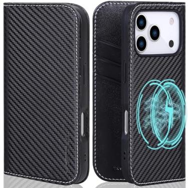 Imagem de VISOUL Capa carteira para iPhone 17 Pro, capa magnética de couro de fibra de carbono com suporte para cartão com bloqueio de RFID, suporte, capa flip compatível com iPhone 17 Pro (6,3 polegadas