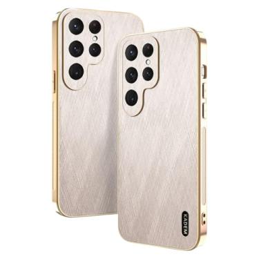 Imagem de Yarxiawin Capa de telefone para Samsung S23 Ultra à prova de choque, capa preta de couro com textura de fio dourado para Samsung Galaxy S23 Ultra, capa de silicone fina antiimpressão digital (dourada)