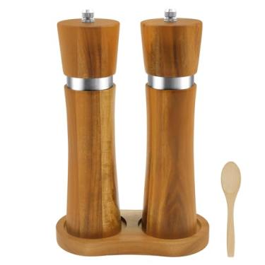 Imagem de Conjunto de 2 unidades de moedor de sal e pimenta de madeira, manual de moedor de pimenta com grossura ajustável, saleiro e pimenteiro, recarregável com base, colher e núcleo de cerâmica para temperos