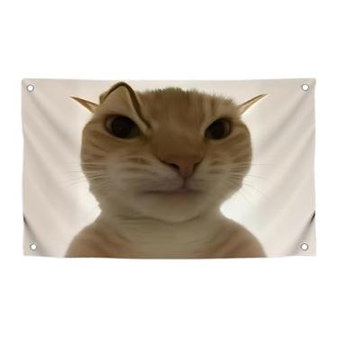 Imagem de Bandeira de meme de gato hilária de 9,5 x 1,8 m com quatro argolas de latão - pôsteres de tapeçaria de um lado com animais fofos - Bandeiras duráveis de parede de poliéster para decoração estética de