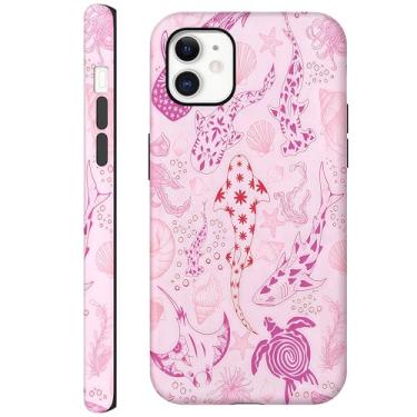 Imagem de CAINAT Capas estéticas para iPhone 12/12 Pro, tubarões rosa, tartarugas, conchas de algas marinhas, capa protetora rígida híbrida de 2 camadas para mulheres e meninas
