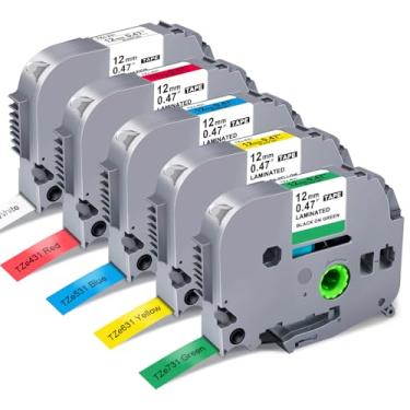 Imagem de Fita de substituição de etiqueta colorida compatível com 5PK para Brother P Touch TZE TZ Fita laminada de 12 mm 0,47 TZe 231 431 531 631 731 (branco/vermelho/azul/amarelo/verde) para PT-D600 PT-D600VP