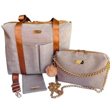 Imagem de Kit Bolsa Feminina para Viagem 3 Peças(Hercília Paiva) Conjunto Organizador Bolsa Tira Colo Alça Corrente, Mala Maternidade e Porta Passaporte Luxo Anti-fungos e Anti-UV 100% feito a mão(Mescla Caqui)