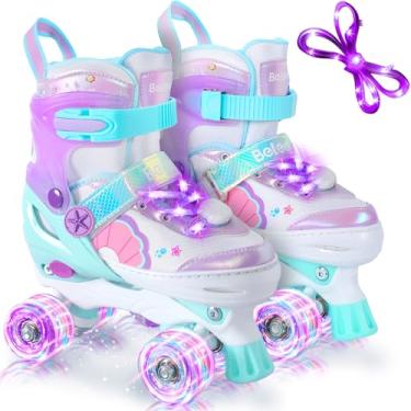 Imagem de BELEEV Patins infantis para meninas, patins quadriciclos ajustáveis de 4 tamanhos com 8 rodas de LED iluminadas e cadarço bônus, seguro e divertido para crianças pequenas, iniciantes, aniversário